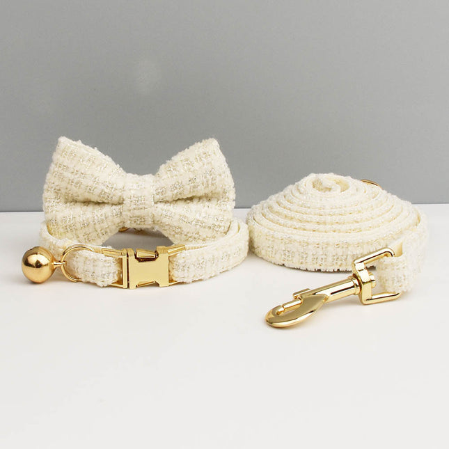 S White 3 Piece Luxury Tweed Cat Collar and Leash Set with Removable Bow Tie & Bell Adjustable Neck Strap