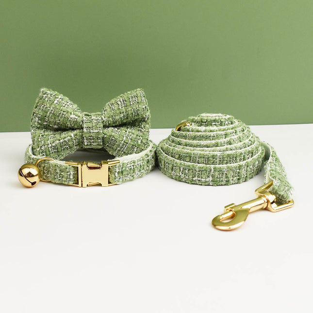 S Green 3 Piece Luxury Tweed Cat Collar and Leash Set with Removable Bow Tie & Bell Adjustable Neck Strap
