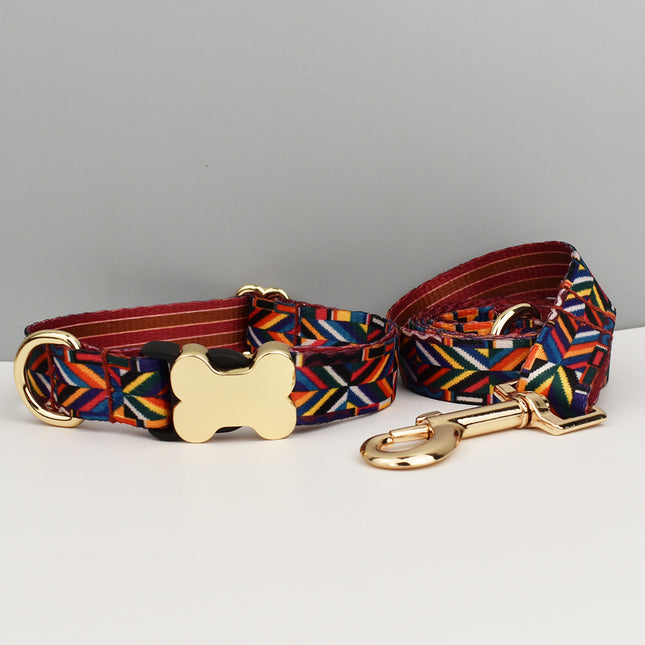 M Rainbow Boho Patterned Dog Collar with Gold Metal Bone Buckle Adjustable Tribal & Leopard Print Neck