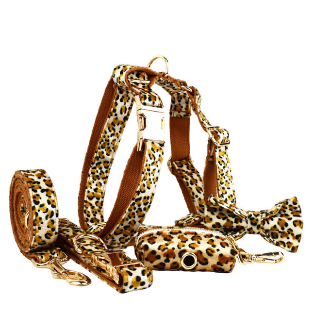 M Luxury 5 Piece Dog Harness and Collar Set Leopard Print with Leash Bow Tie & Waste Bag Holder Gold Metal