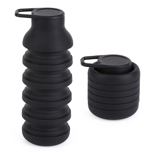 Black Collapsible Silicone Water Bottle Portable Travel Sports Cup with Carabiner Clip Foldable Design for