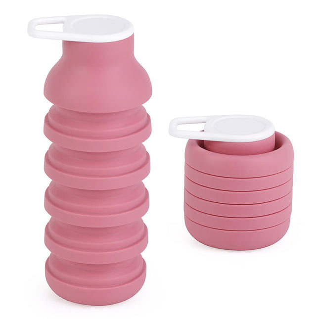 Pink Collapsible Silicone Water Bottle Portable Travel Sports Cup with Carabiner Clip Foldable Design for