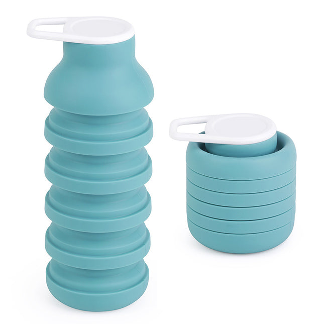 Light Blue Collapsible Silicone Water Bottle Portable Travel Sports Cup with Carabiner Clip Foldable Design