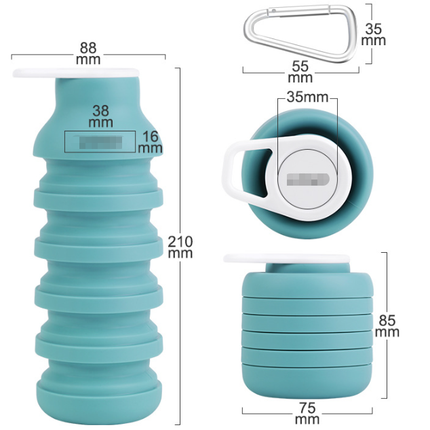 Light Blue Collapsible Silicone Water Bottle Portable Travel Sports Cup with Carabiner Clip Foldable Design for Camping Hiking & Gym Teal