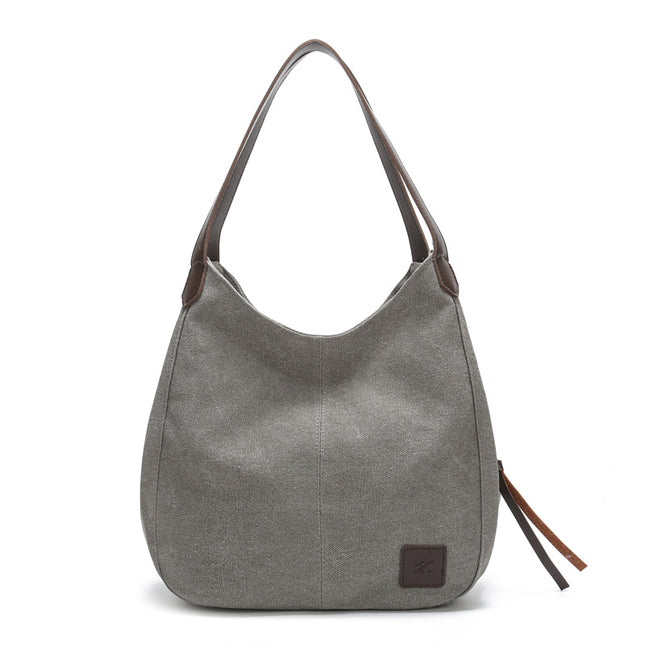 Grey Women's Canvas Hobo Handbag Multi-Compartment Shoulder Tote Bag Minimalist Casual Purse 30cm for Work