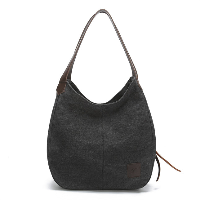 Black Women's Canvas Hobo Handbag Multi-Compartment Shoulder Tote Bag Minimalist Casual Purse 30cm for Work