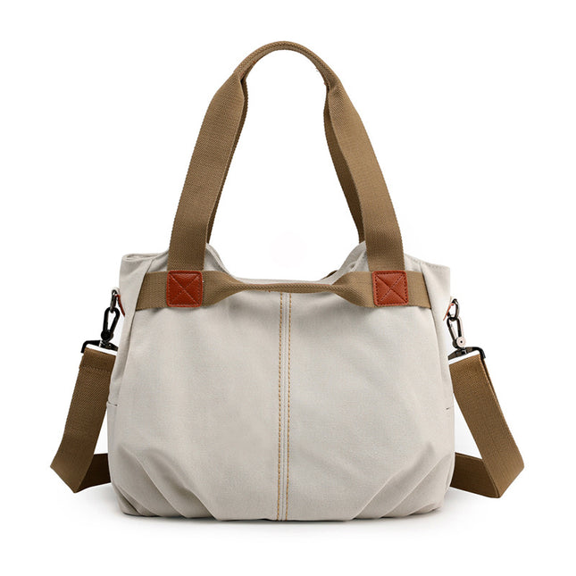 White Women's Retro Canvas Tote Bag Large Capacity Shoulder Handbag Adjustable Crossbody Strap 35cm for