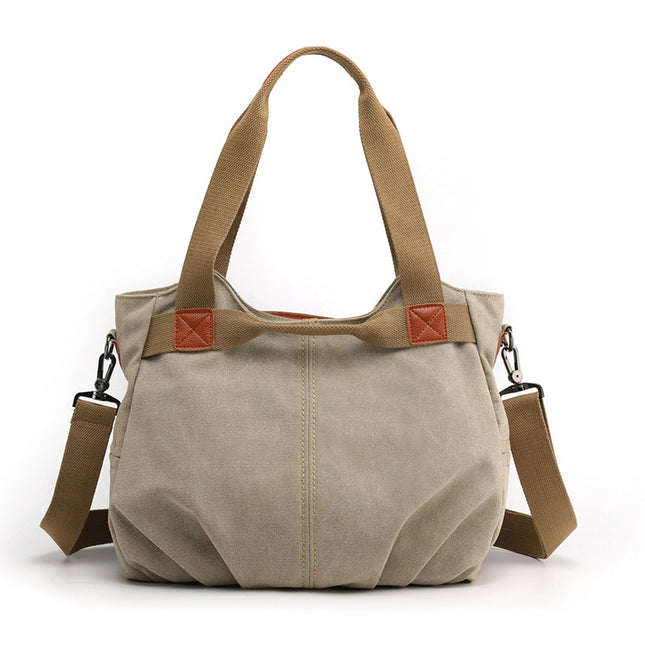 Khaki Women's Retro Canvas Tote Bag Large Capacity Shoulder Handbag Adjustable Crossbody Strap 35cm for