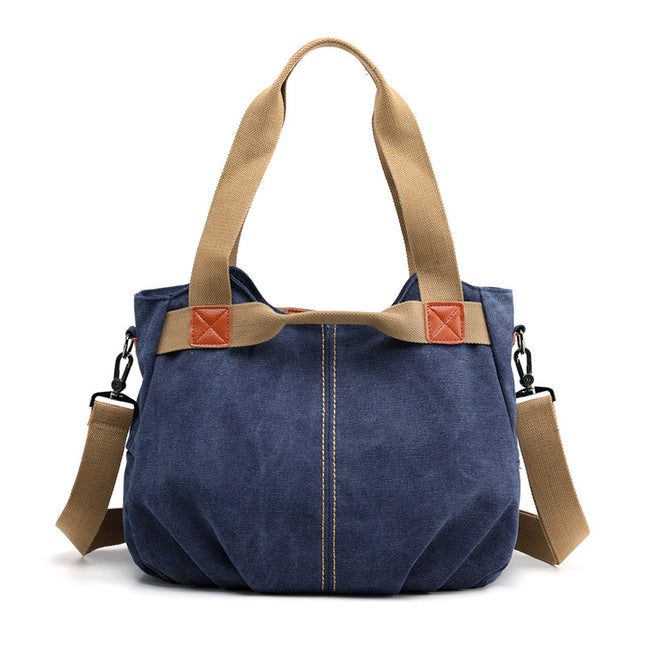 Dark Blue Women's Retro Canvas Tote Bag Large Capacity Shoulder Handbag Adjustable Crossbody Strap 35cm for