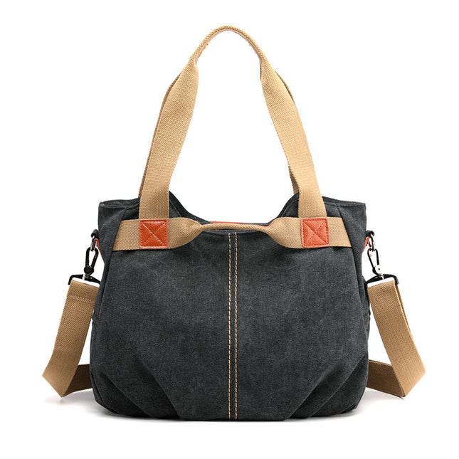 Black Women's Retro Canvas Tote Bag Large Capacity Shoulder Handbag Adjustable Crossbody Strap 35cm for