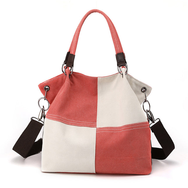 Red Women's Canvas Patchwork Tote Bag Large Capacity Shoulder Handbag Fits A4 Magazine Adjustable Crossbody