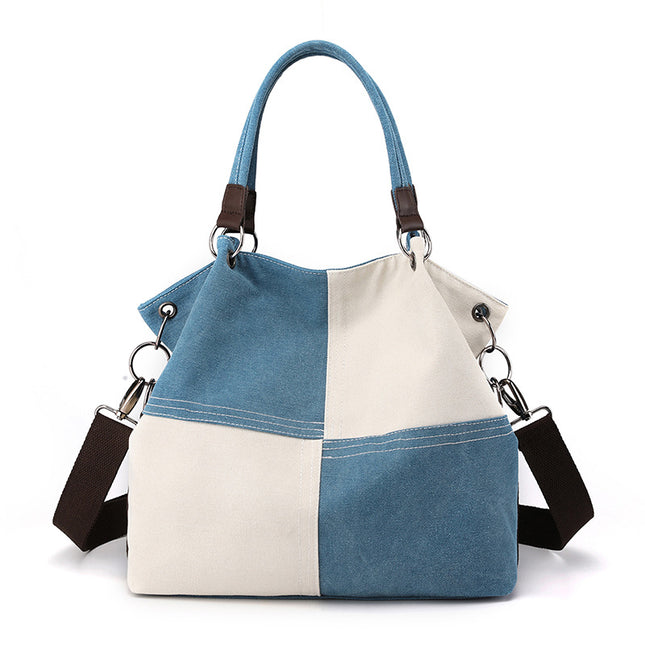 Blue Women's Canvas Patchwork Tote Bag Large Capacity Shoulder Handbag Fits A4 Magazine Adjustable