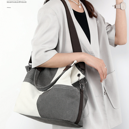 Blue Women's Canvas Patchwork Tote Bag Large Capacity Shoulder Handbag Fits A4 Magazine Adjustable Crossbody Strap 34cm for Work & School