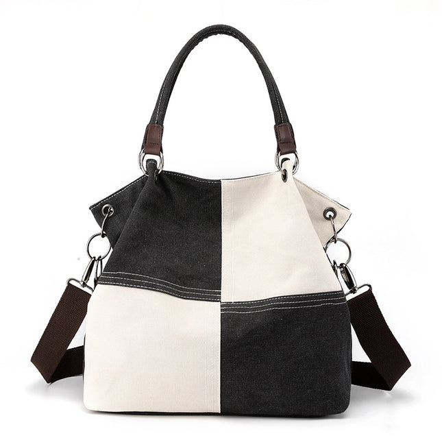 Black Women's Canvas Patchwork Tote Bag Large Capacity Shoulder Handbag Fits A4 Magazine Adjustable