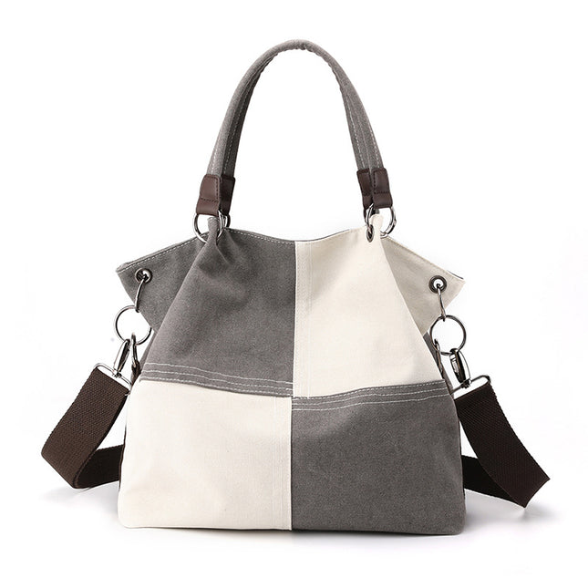 Grey Women's Canvas Patchwork Tote Bag Large Capacity Shoulder Handbag Fits A4 Magazine Adjustable