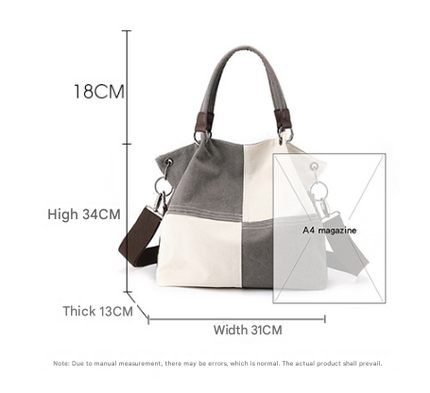 Grey Women's Canvas Patchwork Tote Bag Large Capacity Shoulder Handbag Fits A4 Magazine Adjustable Crossbody Strap 34cm for Work & School