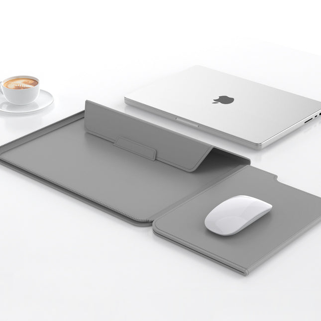 3-in-1 Detachable PU Leather Laptop Sleeve with Ergonomic Stand & Mouse Pad(grey 13/14 inch)