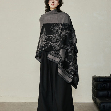 Faux Cashmere Shawl (Qingming Scroll Print) - Black Brown Green, 160*135cm