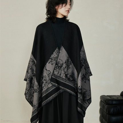 Faux Cashmere Shawl (Qingming Scroll Print) - Black Brown Green, 160*135cm