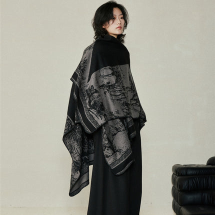 Faux Cashmere Shawl (Qingming Scroll Print) - Black Brown Green, 160*135cm