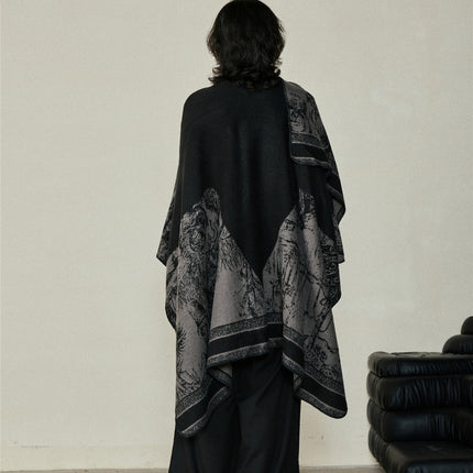 Faux Cashmere Shawl (Qingming Scroll Print) - Black Red, 160*135cm