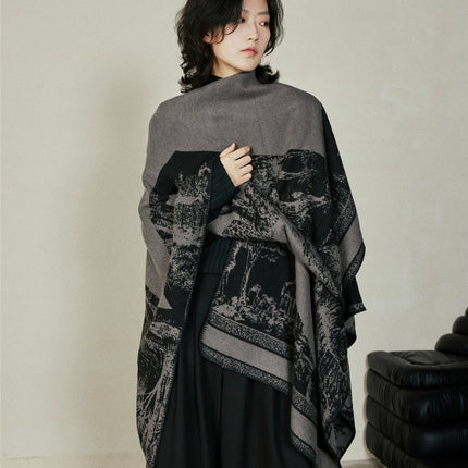 Faux Cashmere Shawl (Qingming Scroll Print) - Yellow Brown, 160*135cm