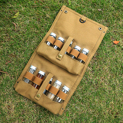 Green canvas spice storage box (9.1 x 4.7 x 2.8 inches) With 10 bottles
