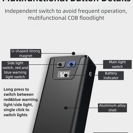 Black Magnetic Flashlight: Spotlight, COB Flood,  Red&Blue Warning