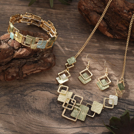 Geometric Inlay Earrings Necklace Bracelet Jewelry Set × 2 – Peacock Green & Light Green