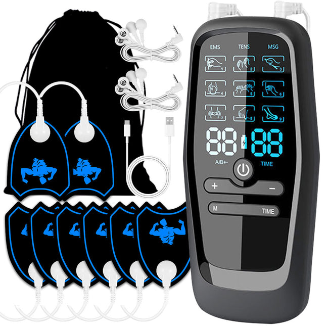 Dual Channel EMS TENS Microcurrent Massager Device with 9 Modes Pain Relief Stimulator & 4 Pairs of Patches