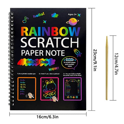 3-Pack DIY Rainbow Scratch Art Books Set - Neon Black Scratch Paper for Kids, Multi-Size (S, M, L) Creative Drawing & Fun