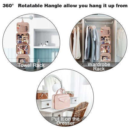 Pink Portable Large Hanging Womens' Luxury PU Leather Cosmetic Bag -  Waterproof Travel Toiletry Organizer , Easy Visibility & Durable