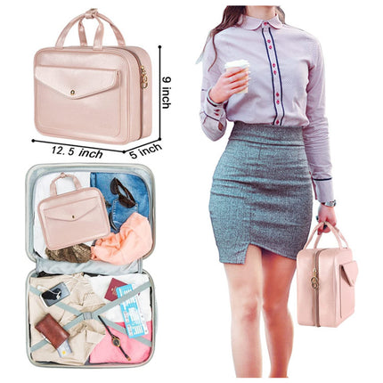 Pink Portable Large Hanging Womens' Luxury PU Leather Cosmetic Bag -  Waterproof Travel Toiletry Organizer , Easy Visibility & Durable