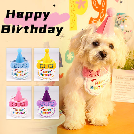 4-Pack Adorable Pet Dog Cat Birthday Party Hat & Bib Set(Purple & Dark-Blue) - Embroidered Bandana Bib & Felt Party Hat, Adjustable Tie-On Dress-Up Accessories