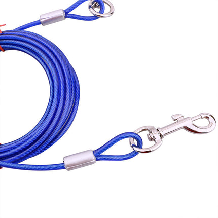 Blue Heavy-Duty Steel Wire Dual-Head Dog Tie-Out Cable Leash(5mm x 5m - 16ft) - with Dual Swivel Hooks for Tethers and Double Dog Walking