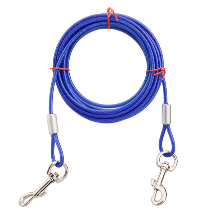 Blue Heavy-Duty Steel Wire Dual-Head Dog Tie-Out Cable Leash(5mm x 10m - 33ft) - with Dual Swivel Hooks for Tethers and Double Dog Walking