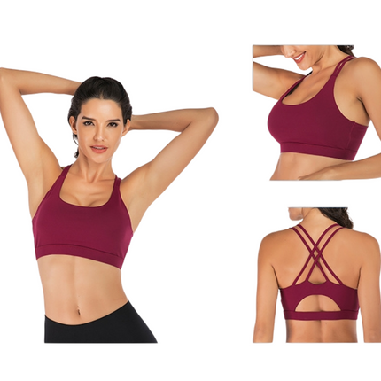 XXL Size Wine Red Elegant Sexy Criss-Cross Back Sports Bra for Women - High Support & Anti-Shock, Wire-Free Yoga Crop Top with X-Shape Fine Strap