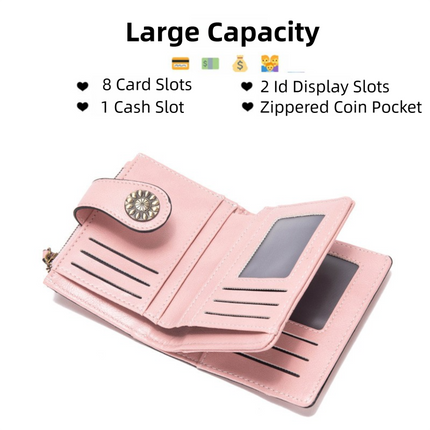 Black Korean Style Cutout Compact PU Leather Wallet - Women's Mini Bifold Purses with 8 Card Slots, 2 ID Window & Coin Zip Pocket