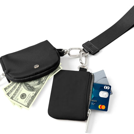 Black Grey Women's Ultralight Fashion Nylon Wristlet Pouch Set - Portable Mini Coin Purse & Key Holder Wallet