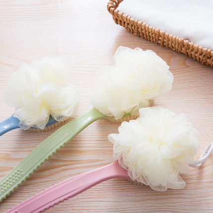 2-Pack Green 2-in-1 Soft Bristle Long Handle Bath Brush & Shower Pouf Combo - Double-Sided Back Scrubber for Adults & Kids