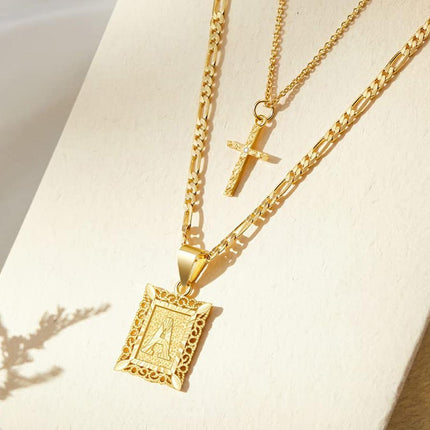 Personalised Copper Adjustable Layered Necklace Set(4PCS) - Custom A-Z Initial Letter Square + Cross Pendant & Double Cross Pendant Stacking Combo