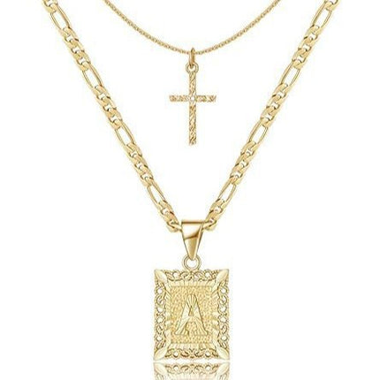Personalised Copper Adjustable Layered Necklace Set(4PCS) - Custom A-Z Initial Letter Square + Cross Pendant & Double Cross Pendant Stacking Combo