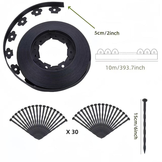 Black L-Shape PE Landscape Edging Roll Kit (5CM Height x 10M Long) - Anti-Root Lawn & Garden Divider with 30 Ground Stakes