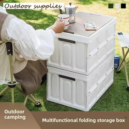 White Collapsible Medium Handle Storage Box with Wooden Table Top(42x28x23CM) - Car Trunk Organiser for Australian Camping & Home Use