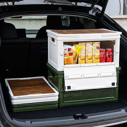Black Collapsible Medium Handle Storage Box with Wooden Table Top(42x28x23CM) - Car Trunk Organiser for Australian Camping & Home Use