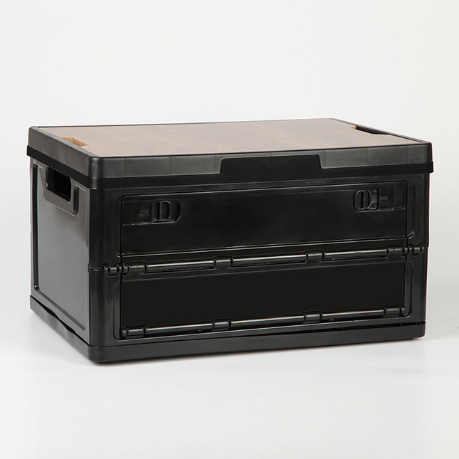 Black Collapsible Medium Side-Open Storage Box with Wooden Table Top(42x28x23CM) - Car Trunk Organiser for Australian Camping & Home Use