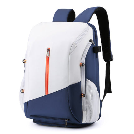 White and blue Multi-functional Sports Backpack for Men & Women - Waterproof Basketball, Badminton, Tennis & Soccer Bag with Shoe Compartment + Net