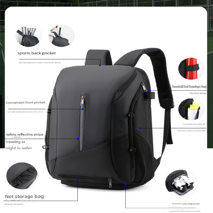 White and blue Multi-functional Sports Backpack for Men & Women - Waterproof Basketball, Badminton, Tennis & Soccer Bag with Shoe Compartment + Net