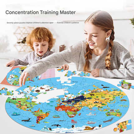 World Animal Puzzle Round Cardboard 70-Piece Jigsaw Puzzle - Educational Kids Puzzle Toy, Fun & Engaging