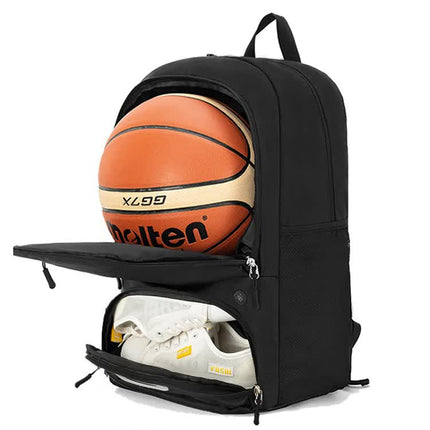 Black Sports Backpack with Separate Shoe & Ball Compartments - Waterproof Gym Bag for Basketball, Soccer, Travel & Daily Use